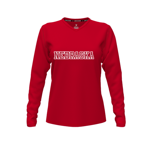 [CUS-DFW-TEES-CMF-VNK-LSL-RED-FYXS-LOGO3] Decker Comfort T-Shirt (Female Youth XS, Red, V Neck, Logo 3, Long Sleeve)