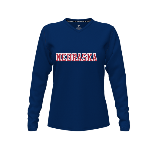 [CUS-DFW-TEES-PER-VNK-LSL-NVY-FYXS-LOGO3] Decker Performance T-Shirt (Female Youth XS, Navy, V Neck, Logo 3, Long Sleeve)